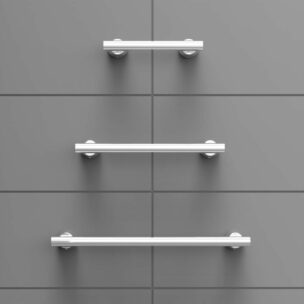 Illustration showing all 3 lengths of the Invisia Linear Bar on a tiled wall