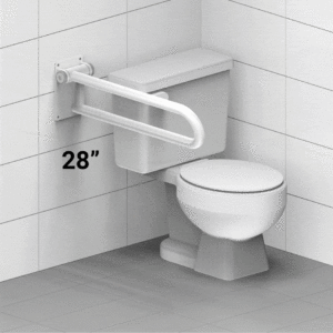 A 28 inch PT Rail is installed into the wall on the right side of the toilet