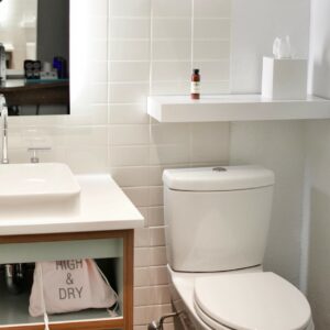 Photo of a toilet with a shelf above it next to a bathroom vanity