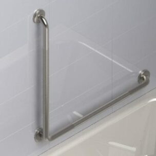 L-Shaped Grab Bar in knurled finish, installed on a tiled walled
