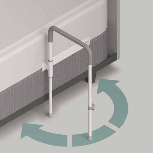 Illustration showing that the Smart-Rail locks against the bed, but opens to swing out from the bed for more support