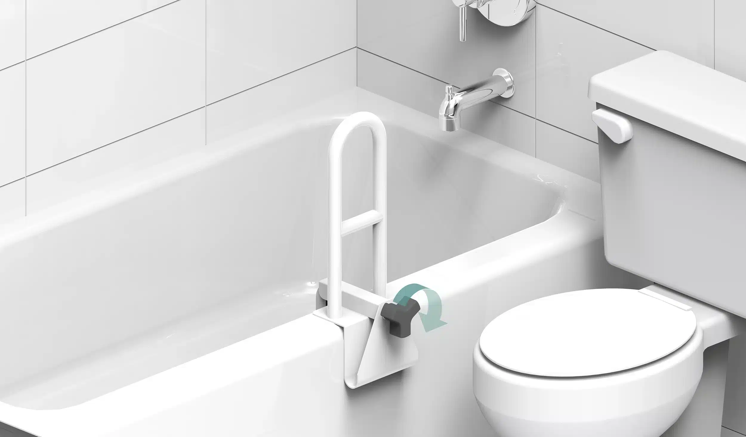 The Easy Mount Tub rail installs on the entry wall of a bathtub. It is secured by a turning a clamp.