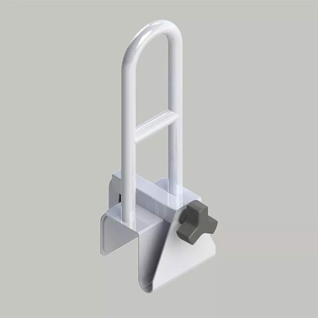 Easy Mount Tub Rail on a grey background, showing more detail of what it looks like