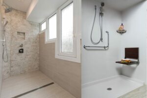 Two examples of barrier-free showers: right photo features an Invisia SerenaSeat, left photo by BuildAble.
