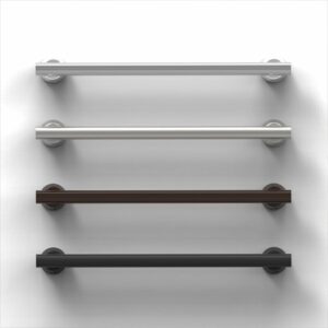 Rendering showing different finishes available for Invisia Collection’s Linear Bar (from top-to-bottom: chrome, brushed stainless steel, oil-rubbed bronze, matte black)