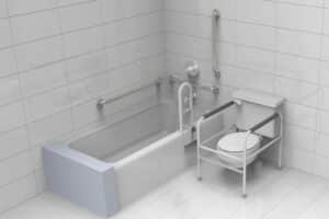 Rendering of a bathroom outfitted with several grab bars.