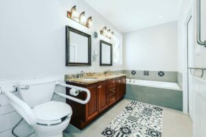a finished modern bathroom design with 2 PT Rails beside the toilet