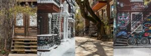 Four photos of multi-unit homes in Montreal, Canada with stairs to get into them.