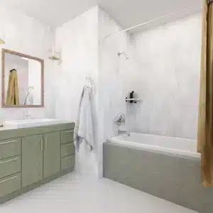 Animation of a modern shower, purposefully hidden in the photo is the Plus towel hook and corner shelf