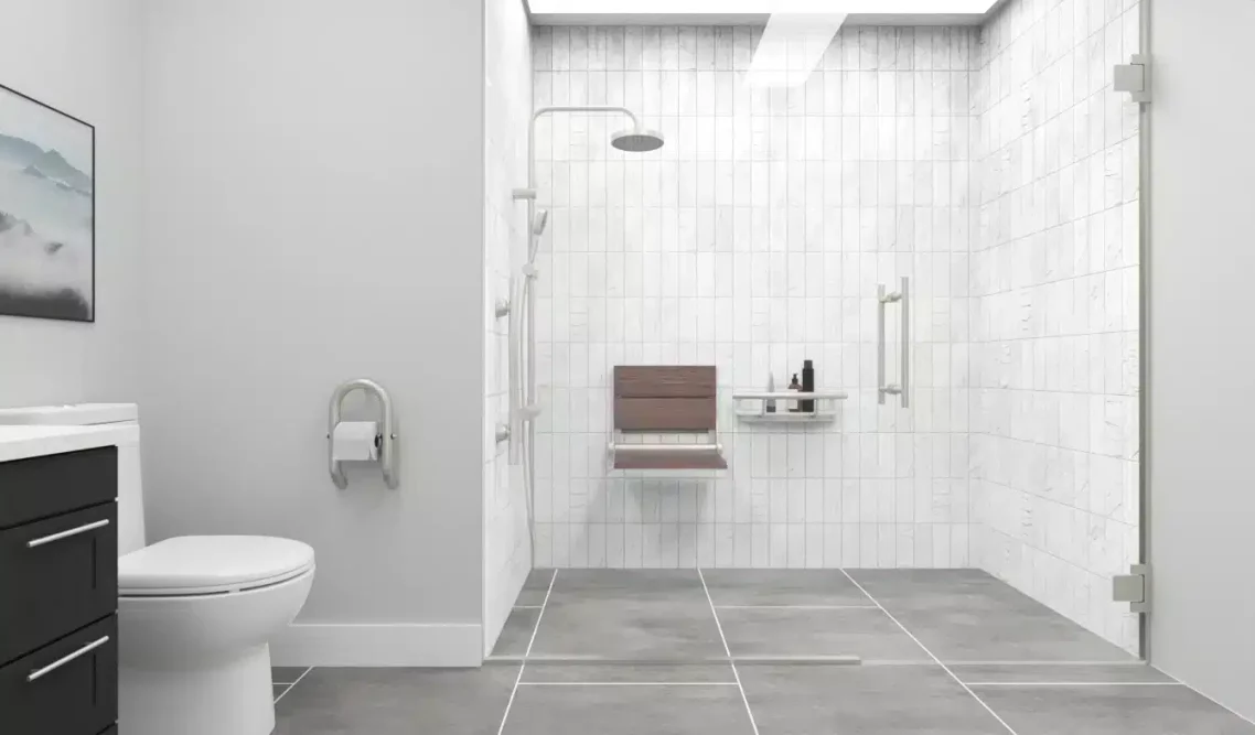 INV Bundle - BR - Context 01- A safe bathroom, with multiple support bars and transfer seat in a brushed stainless-steel finish