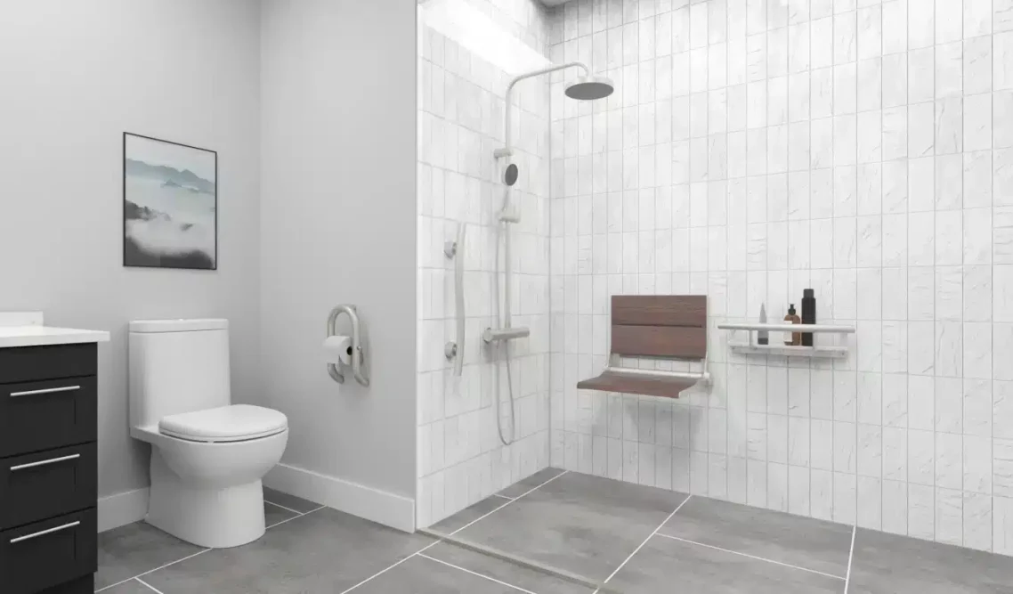 INV Bundle - BR - Context 02 A safe bathroom, with multiple support bars and transfer seat in a brushed stainless-steel finish