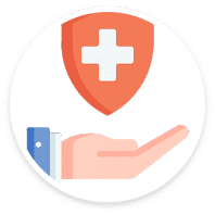 Icon of a hand holding a shield with a healthcare cross on it.