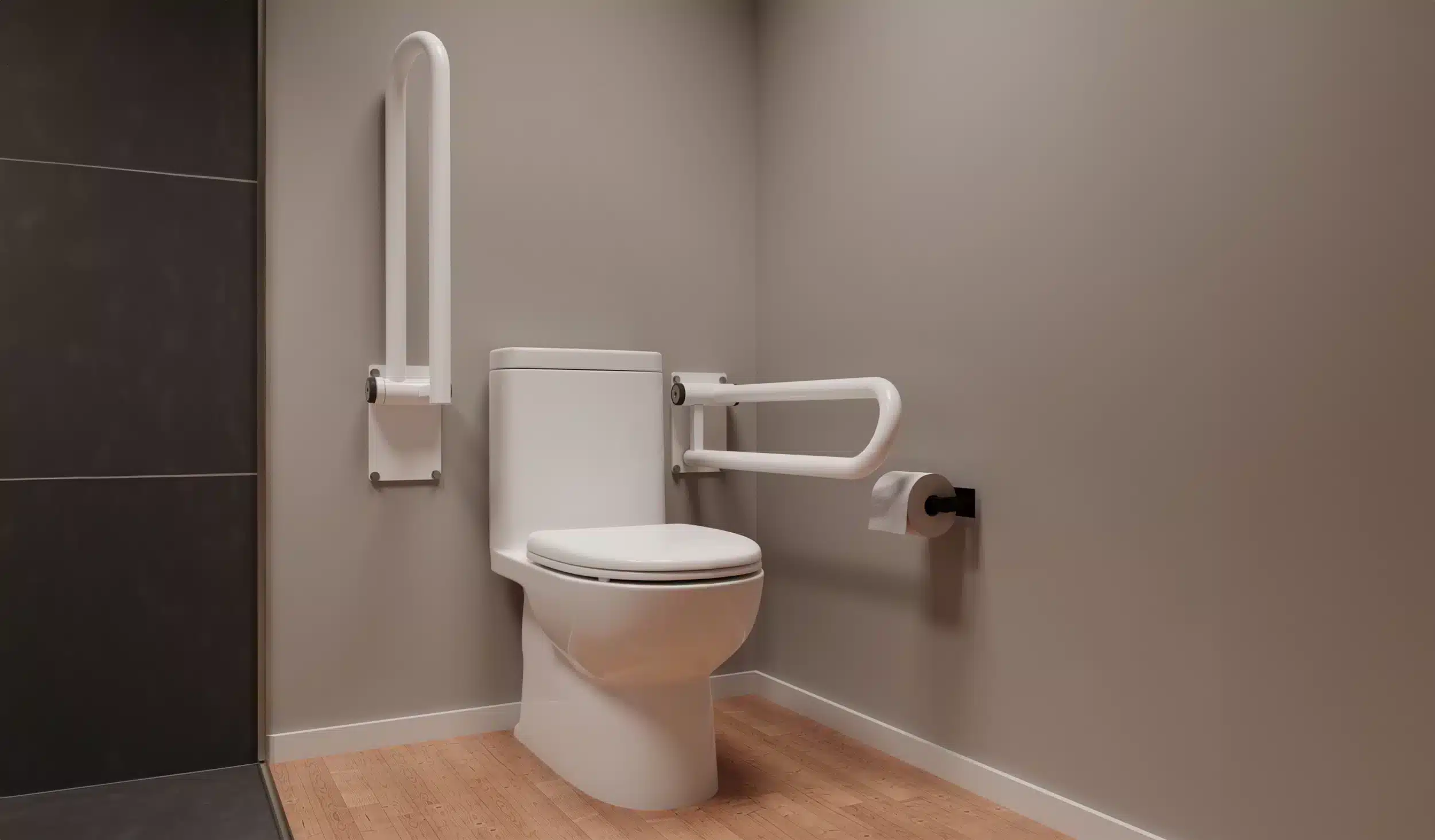 A toilet, located in the corner of a bathroom, has a PT Rail on each side, one is up and the other is down.