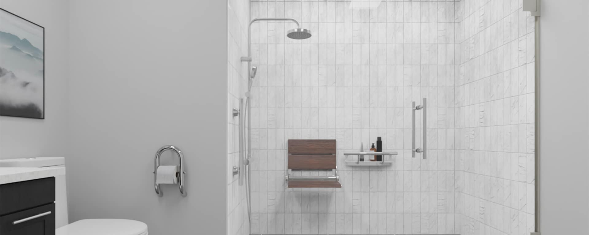 Shower with grab bars and 2 in 1 safety accessories.