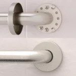 Closeup of DependaBar mounting flange with the cover both off and on. Shown in Brushed Stainless finish.